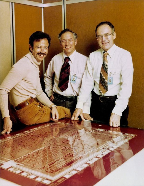 Intel founders Grove, Noyce, and Moore with the 8080 microprocessor mask, 1978 (Computer History Museum)