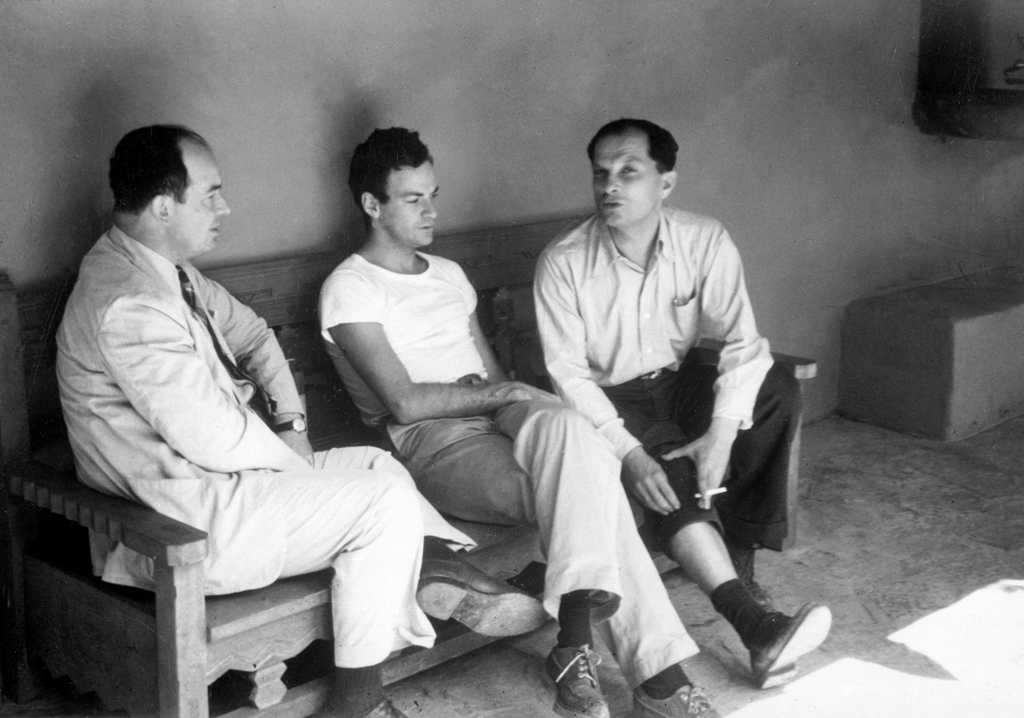 John von Neumann (mathematician, physicist, computer scientist), Richard Feynman (physicist) and Stanislaus Ulam (mathematician, physicist, computer scientist) at Los Alamos during the Manhattan Project