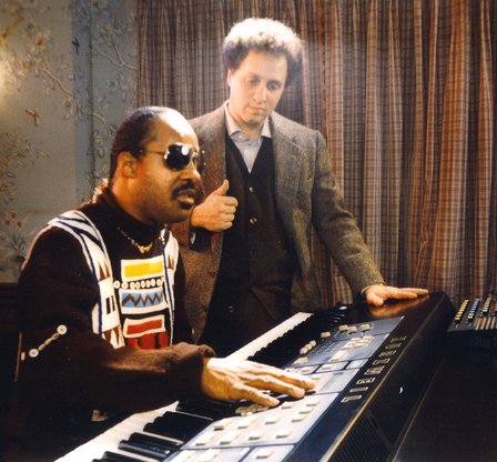 Ray Kurzweil (engineer and futurist) and Stevie Wonder playing a synthesizer designed by Kurzweil