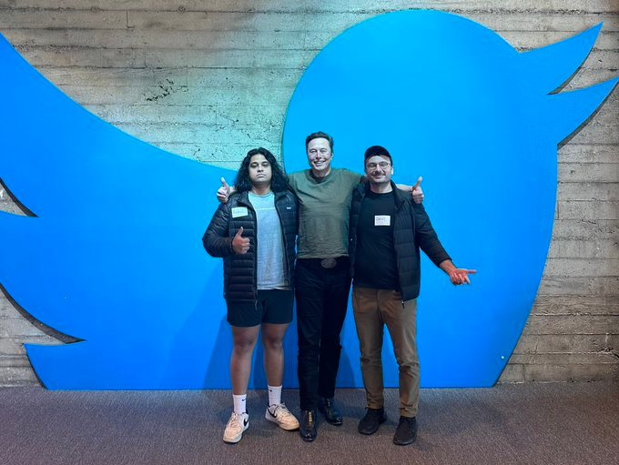 Elon Musk welcoming Rahul Ligma and Daniel Johnson (former Twitter engineers) back to Twitter HQ